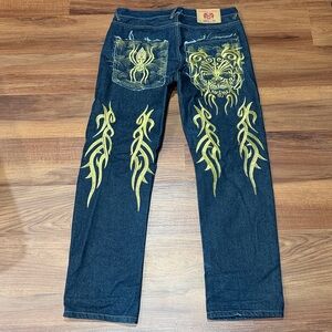Red Monkey Men's Denim Jeans with Gold Embroidery 34